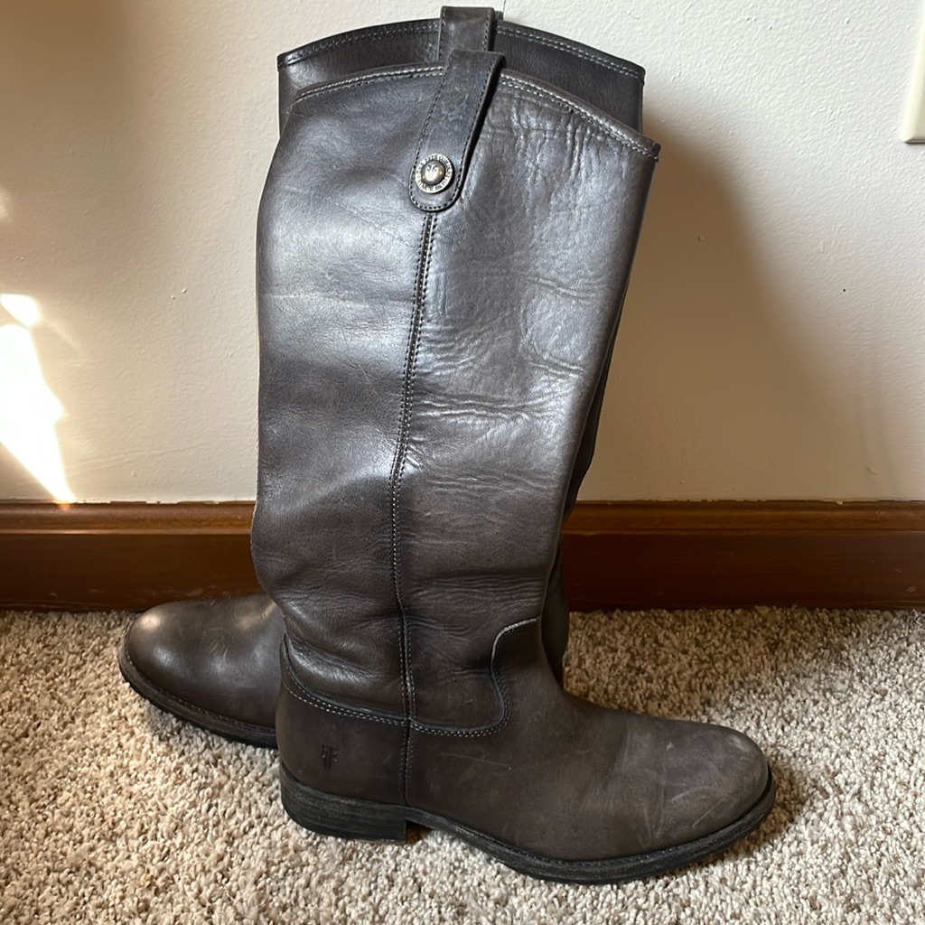 Frye Melissa Botton Lug Tall Riding Boots, Smoke In Color Size 7